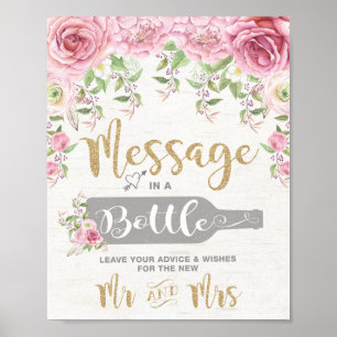 Póster Consejos y deseos de boda floral en una botella