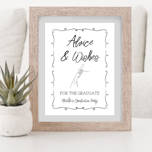 Póster Consejos y deseos de graduación en blanco y negro  (Hand Drawn Black&White Graduation Advice & Wishes Poster)
