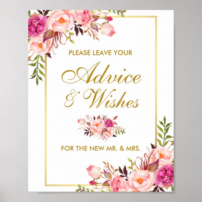 Póster Consejos y deseos del Boda Floral Pink Gold (Frente)