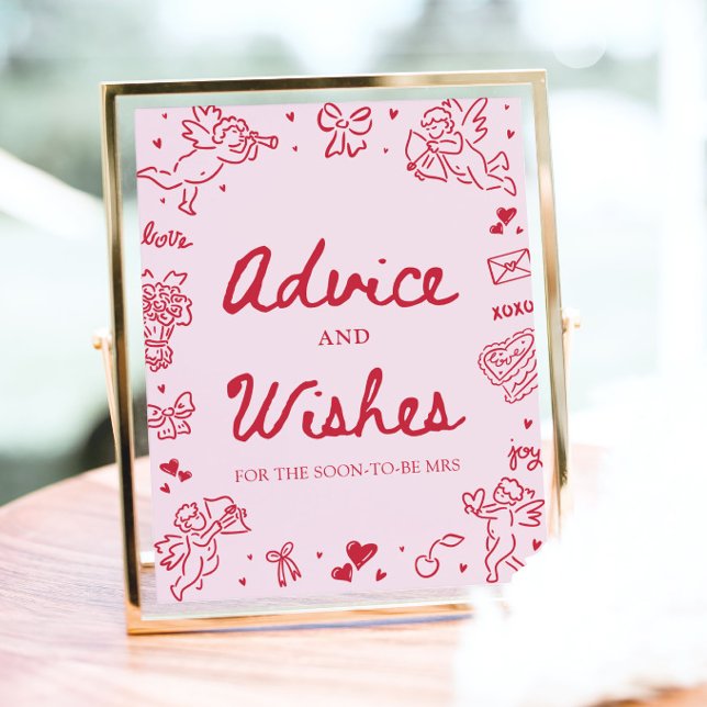 Póster Consejos y Deseos Modernos de San Valentín Dibujad (Pink Hand Drawn Modern Valentine Advice and Wishes Game Sign)