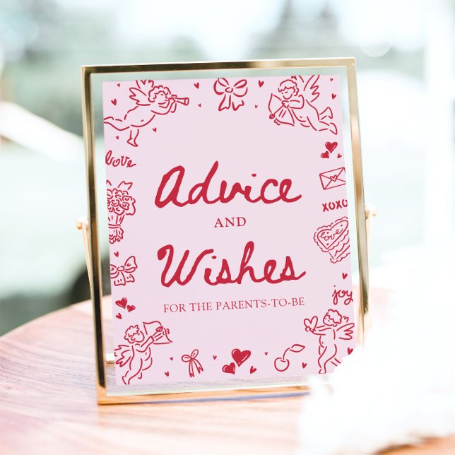 Póster Consejos y Deseos Modernos de San Valentín Dibujad (Pink Hand Drawn Modern Valentine Advice and Wishes Sign)