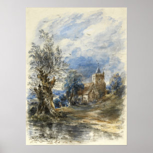 Póster Constable - Un sauce junto al agua una iglesia más