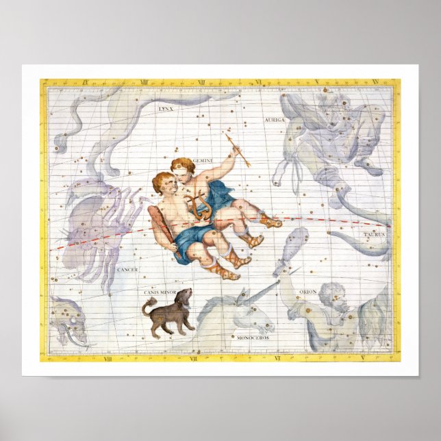 Póster Constelación de Gemini con Canis Menor, plato 13 (Frente)