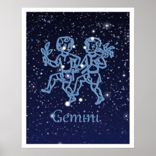 Póster Constelación de Gemini y Rótulo Zodiaco con estrel