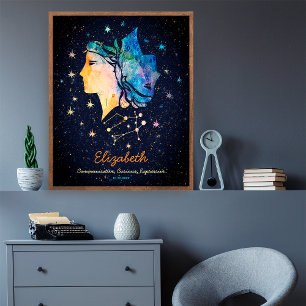 Póster Constelación de Géminis Zodiaco Acuarela Estrella