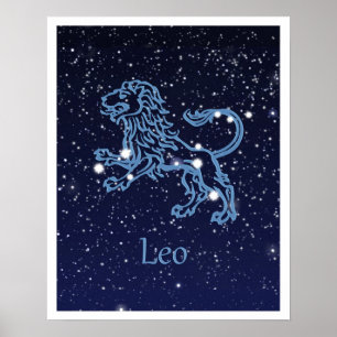 Póster Constelación de Leo y signo zodiacal con estrellas