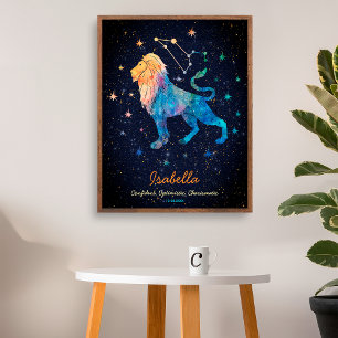 Póster Constelación de Leo Zodiaco Acuarela Estrellas Gal