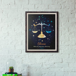 Póster Constelación de Libra Zodiaco Acuarela Estrellas G