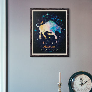 Póster Constelación de Tauro Zodiaco Acuarela Estrellas G