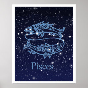 Póster Constelación Pisces y Rótulo Zodiaco con Estrellas