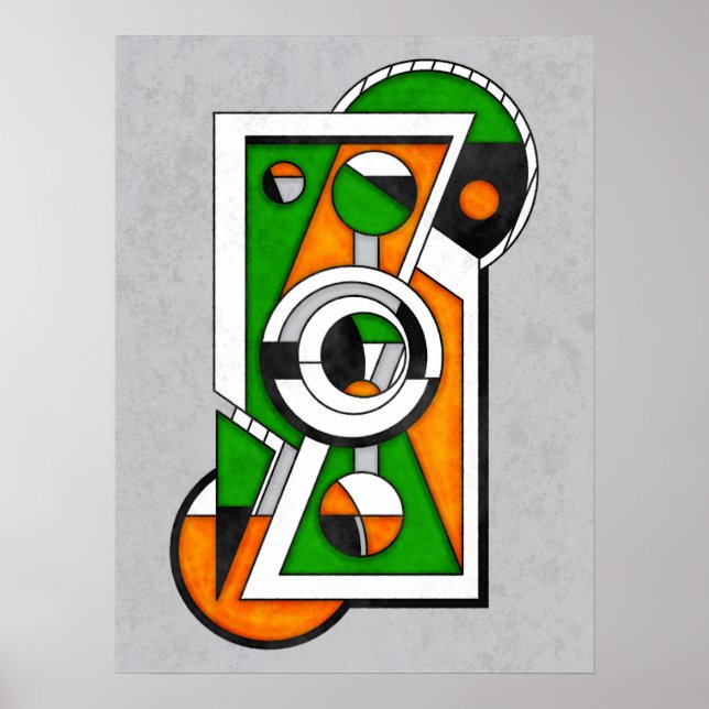 Póster Construcción abstracta Bauhaus verde y naranja (Frente)