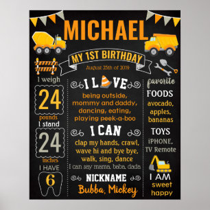 Póster Construction cars trucks Birthday sign