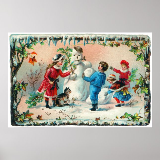 Póster Construyendo un muñeco de nieve c.1890 (Frente)