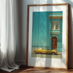 Póster Contraste costero: auto amarillo vintage