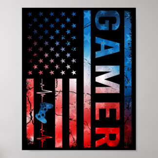 Póster Controlador de juego Gamer Boy Retro USA Flag Tie