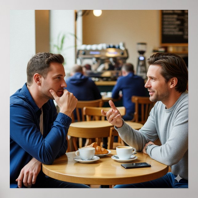 Póster Conversación en un acogedor café (Frente)