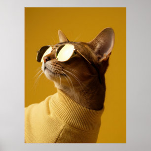 Póster Cool Abyssinian Cat with Sunglasses and Turtleneck