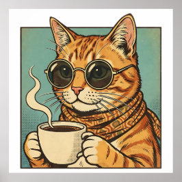 Póster Cool Cat Coffee Retro Style Design for Cat Lovers