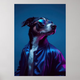 Póster Cool Dog in Blue Jacket - Retro Neon Animal