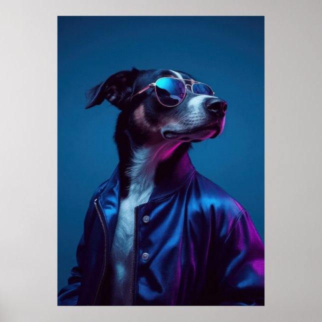 Póster Cool Dog in Blue Jacket - Retro Neon Animal (Frente)