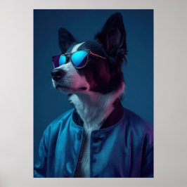 Póster Cool Dog in Sunglasses Neon Portrait Art