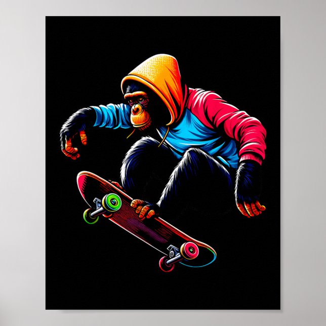 Póster Cool Funky Bonobo Monkey Skateboarding Illustratio (Frente)