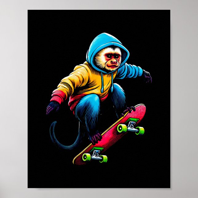 Póster Cool Funky Capuchin Monkey Skateboarding Illustrat (Frente)