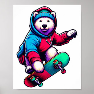 Póster Cool Funky Polar Bear Skateboarding Illustration A