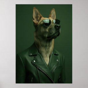 Póster Cool German Shepherd Portrait in Leather Jacket