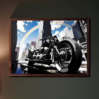 Póster Cool Motorcycle with Rainbow Pop Art Garage Art