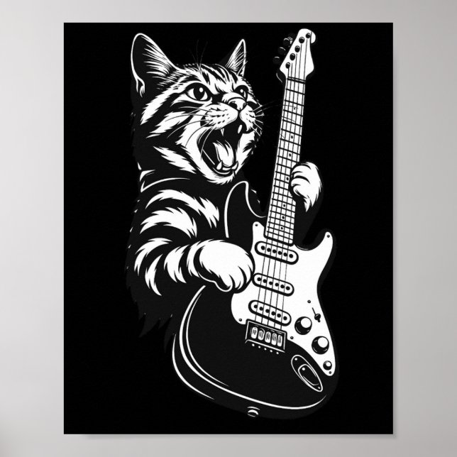 Póster Cool Music Love | Rock Cat Playing Electric Guitar (Frente)