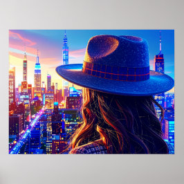 Póster Cool NYC Girl in Fedora Nightscape Buildings Art