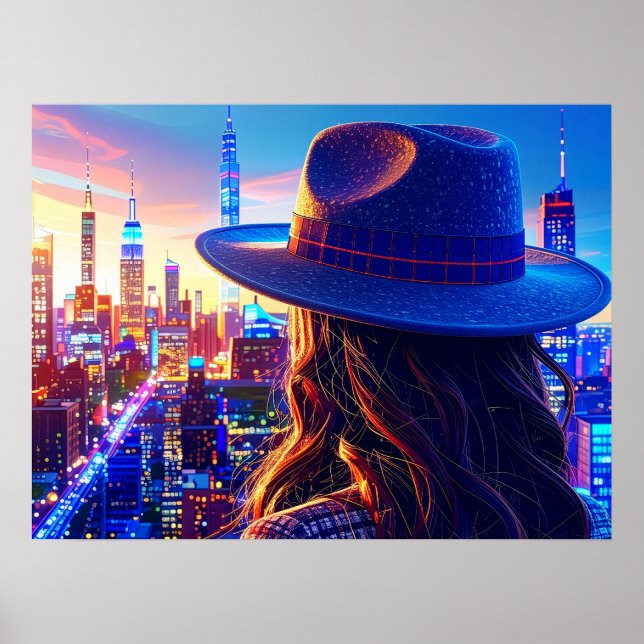Póster Cool NYC Girl in Fedora Nightscape Buildings Art (Frente)