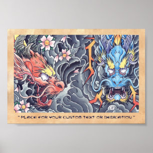 Póster Cool oriental japanese dragon god tattoo storm