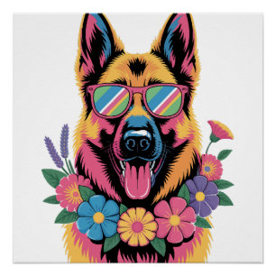 Póster Cool Pastor Alemán en Gafas de Neon