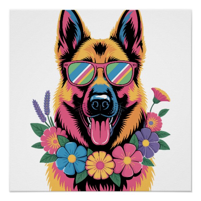 Póster Cool Pastor Alemán en Gafas de Neon (Anverso)