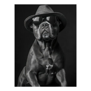 Póster Cool Pitbull in Hat and Sunglasses - Hipster Dog