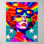 Póster Cool Pop Art and Sunglasses<br><div class="desc">This pop art creation will take you on a journey to the groovy past, with a bold and stylish twist. A mesmerizing, psychedelic girl, wearing a pair of cool sunglasses, pops against the dynamic stars and stripes background. The retro vibe, combined with the modern pop art design, makes this piece...</div>