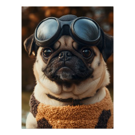 Póster Cool Pug Dog with Aviator Goggles & Cozy Sweater