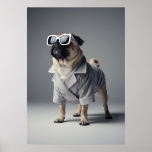 Póster Cool Pug in Retro Sunglasses and Light Grey Coat