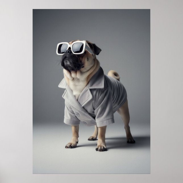 Póster Cool Pug in Retro Sunglasses and Light Grey Coat (Frente)