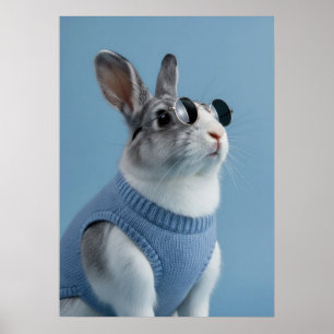 Póster Cool Rabbit in Blue Sweater and Round Sunglasses