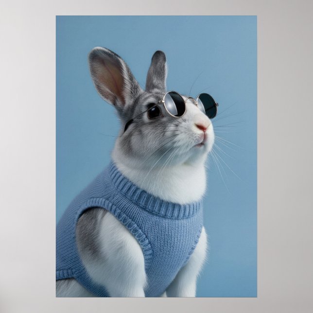 Póster Cool Rabbit in Blue Sweater and Round Sunglasses (Frente)