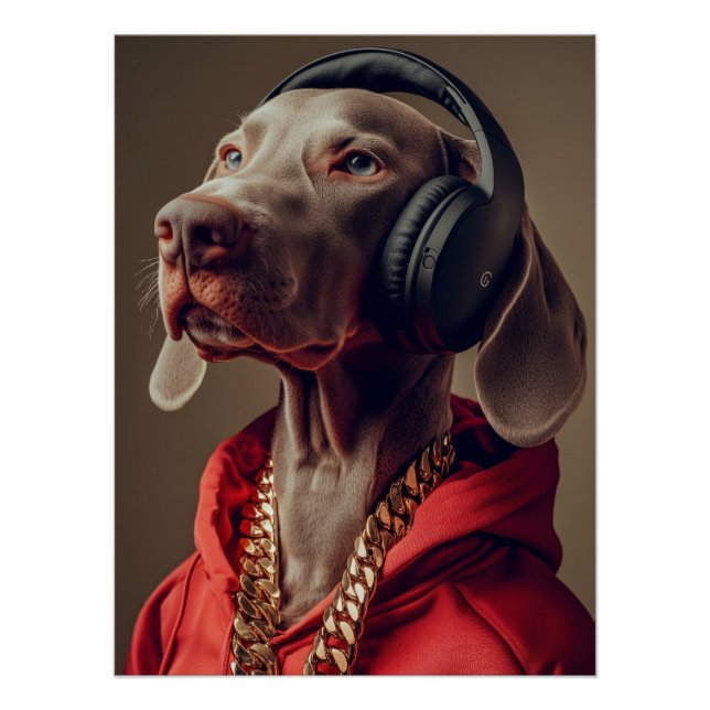 Póster Cool Weimaraner in Hoodie & Headphones | Hip Hop (Anverso)