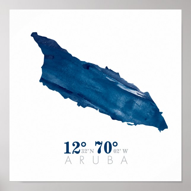 Póster Coordenadas Acuarela Azul Mapa de Aruba (Frente)