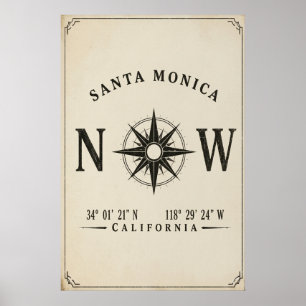 Póster Coordenadas de Santa Mónica California Diseño Vint