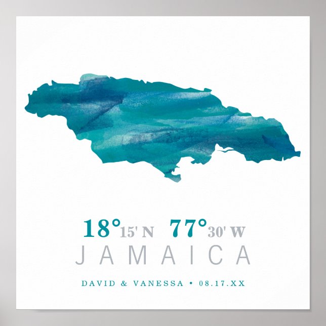 Póster Coordenadas del mapa de la acuarela azul JAMAICA (Frente)