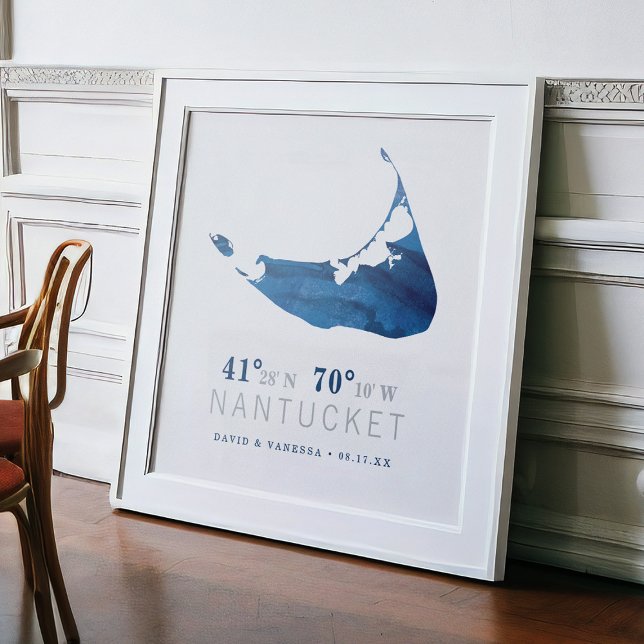 Póster Coordenadas del mapa de Nantucket Blue Watercolor  (Subido por el creador)
