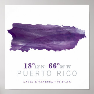 Póster Coordenadas del Mapa de Puerto Rico con Acuarela P