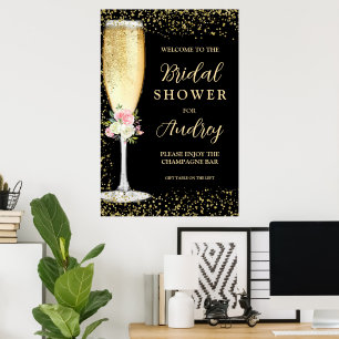 Póster Copa de Champagne elegante floral para despedida d